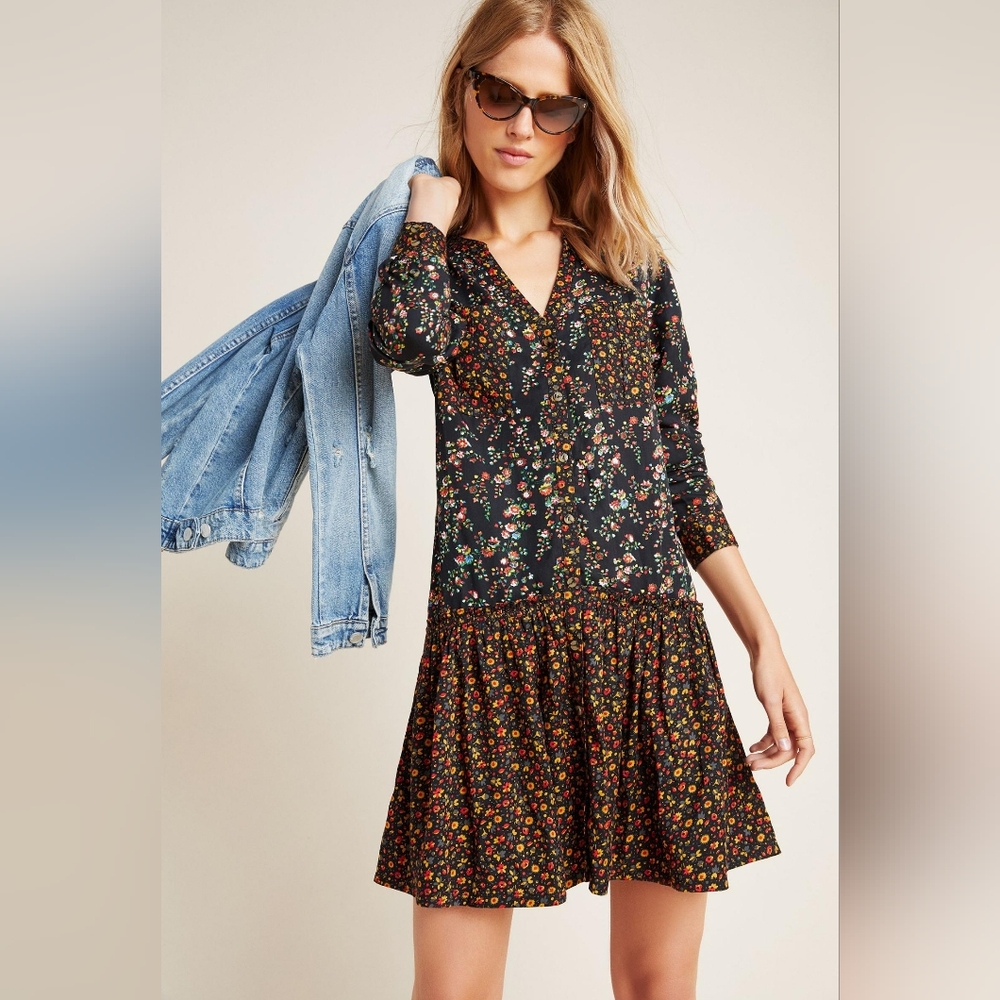 Anthropologie Maeve Floral Long Sleeve Swing Dress